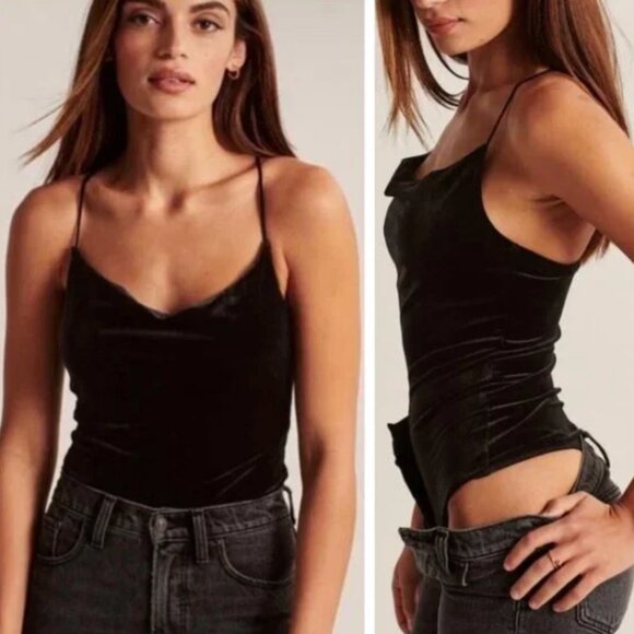 Abercrombie & Fitch Black Velvet Cowl Neck Strappy Cross Back Bodysuit - Picture 2 of 4